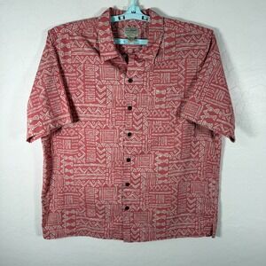 LL Bean‎ Shirt Mens Large Red Button Up Camp Tropics Tribal Loop Collar